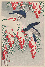 1929(昭和4)年　小原祥邨　二羽の瑠璃鳥と雪の南天