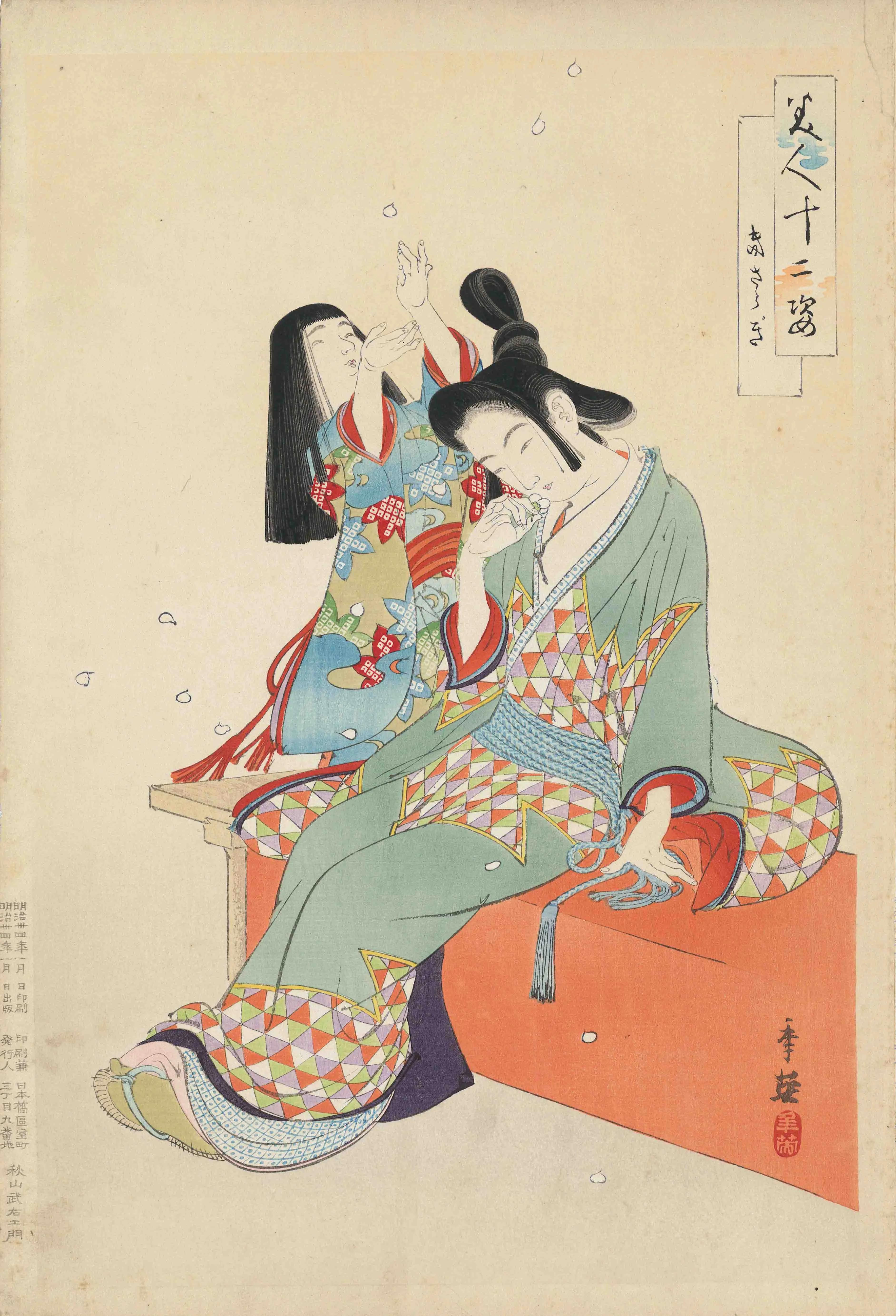 「「美人十二姿」より『きさらぎ』『卯月』『水無月』『なが月』『師走』」 右田年英 明治34年